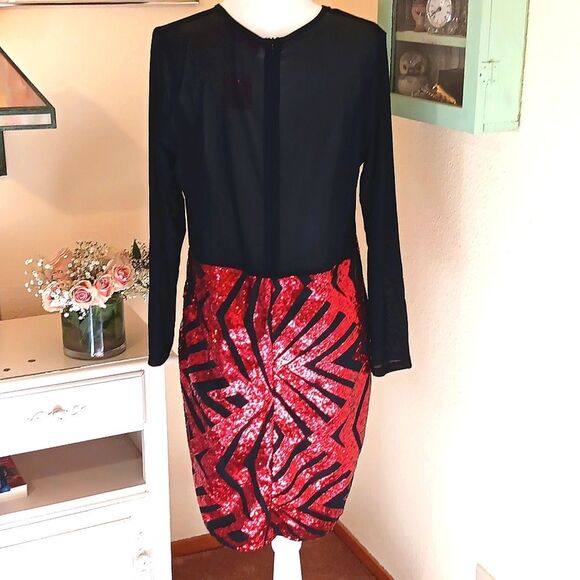 Red Dot Boutique Mesh Sequins Black and Red Sequin Dress. Cocktail. Whimsigoth. - Picture 8 of 14